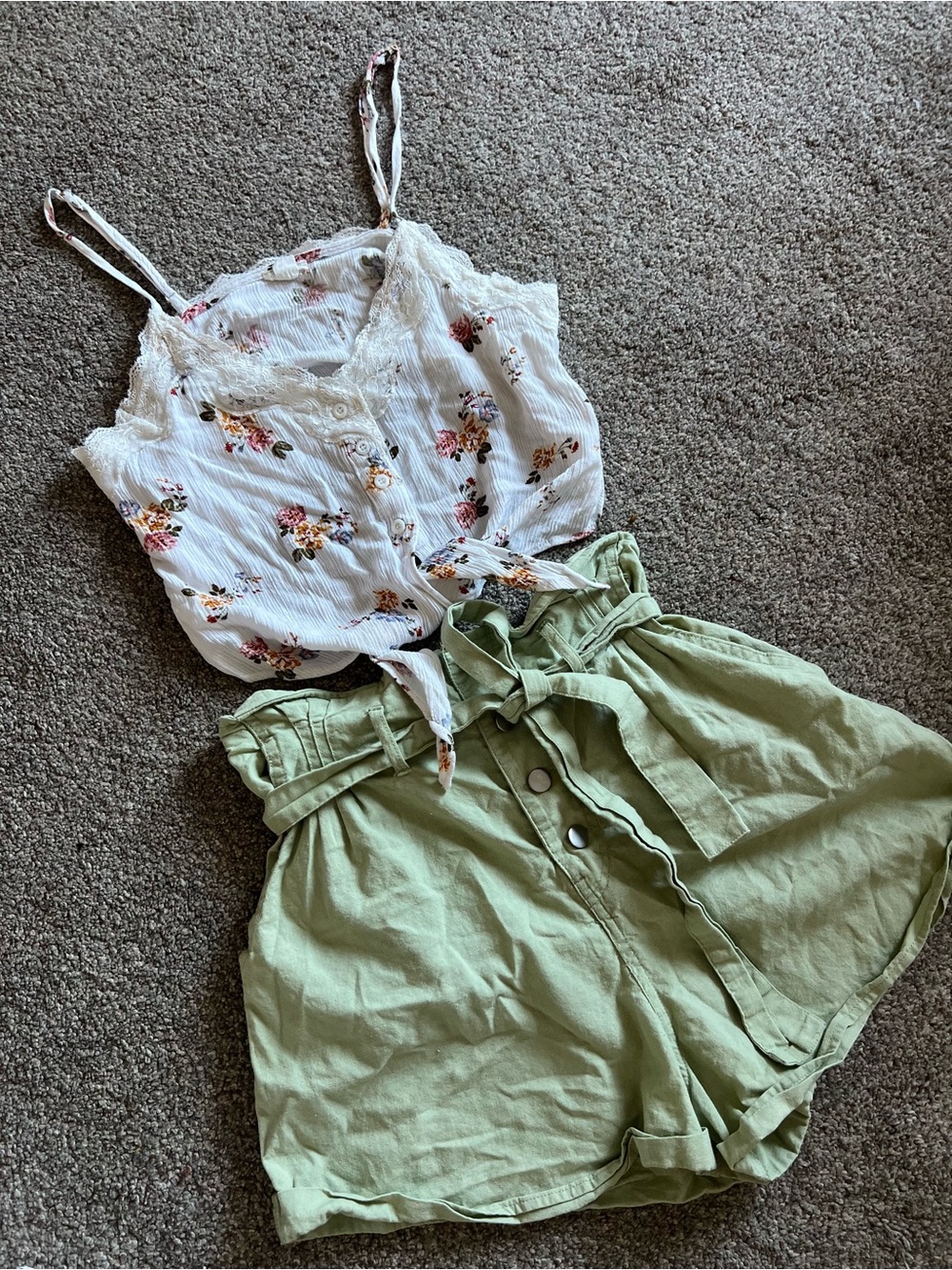 Floral Cami Top + Sage Green Shorts Outfit Bundle